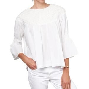 MERLETTE Opheis White Tonal Cream/Ivory Embroidery Smocked Blouse Sz Extra Small